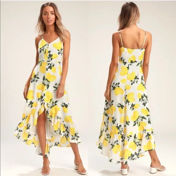 Lulus Dresses Lulus Afternoon Air Yellow Lemon Print High Low - Main Image